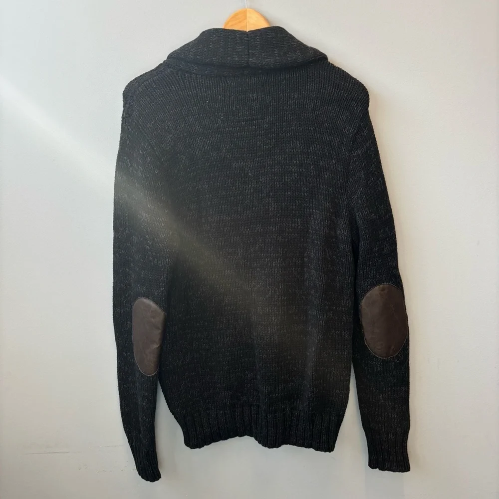 American Eagle Men’s Medium Cardigan Shawl Collar Charcoal Sweater Elbow patches